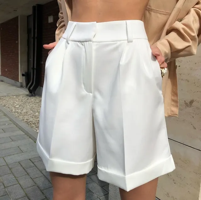 Flap Pockets, Zipper Buttons, Solid Color Fashion Casual Pants Shorts White - Shop at LoveMi