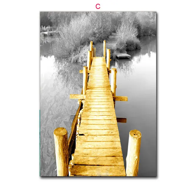 Nordic Yellow Wooden Bridge Black White Scene Posters - Shop at LoveMi