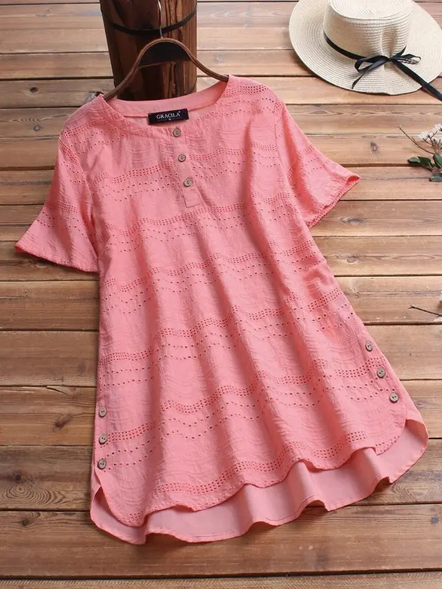 Embroidered Cool Short Sleeved Button Top Pink - Shop at LoveMi