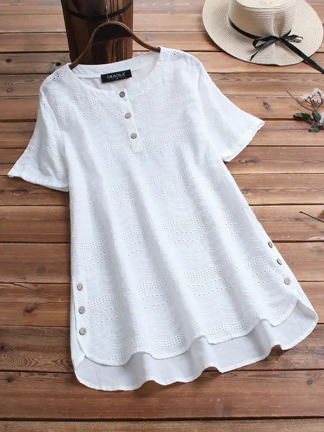 Embroidered Cool Short Sleeved Button Top White - Shop at LoveMi