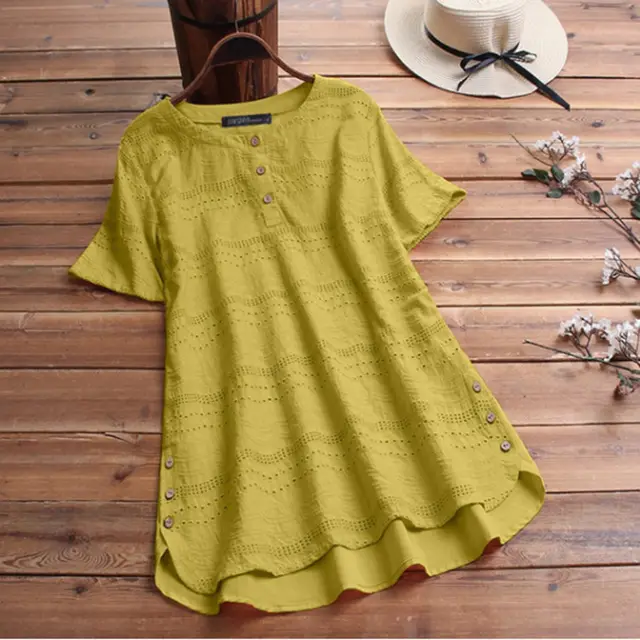 Embroidered Cool Short Sleeved Button Top Yellow - Shop at LoveMi