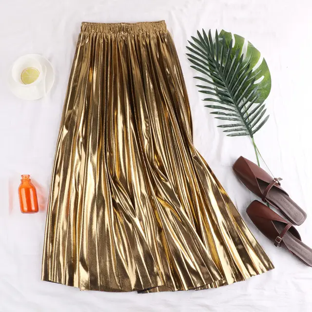 Korean Version Of Metallic Reflective Fabric Pleated Skirt Gold - Shop at LoveMi