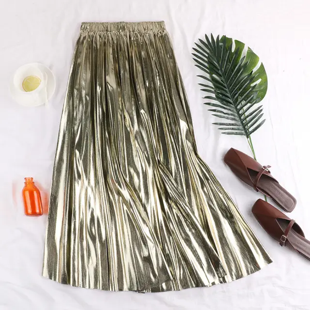 Korean Version Of Metallic Reflective Fabric Pleated Skirt Light Gold - Shop at LoveMi