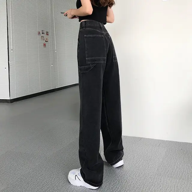 Women's High rise Straight leg Loose Wide leg Jeans Black Grey - Shop at LoveMi