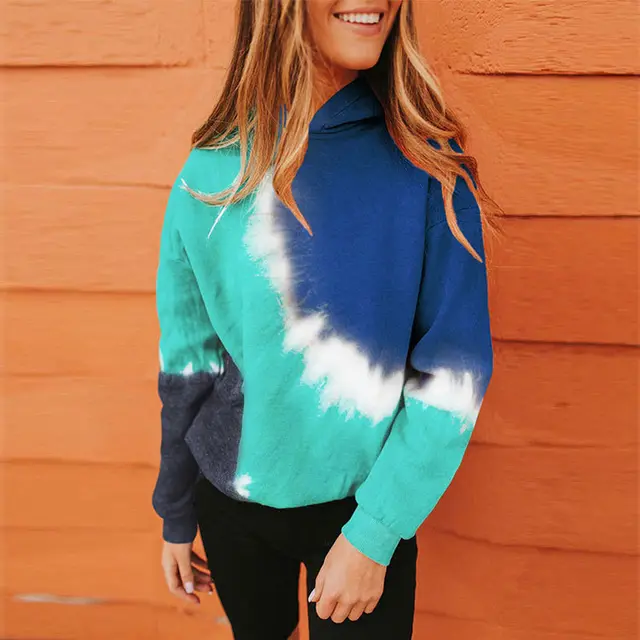 Women's Tie Dye Color Matching Hoodie Long Sleeved Sweater Blue - Shop at LoveMi