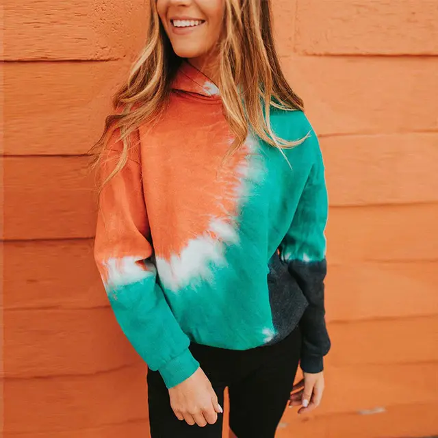 Women's Tie Dye Color Matching Hoodie Long Sleeved Sweater Orange - Shop at LoveMi
