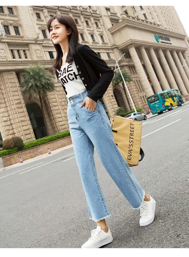 Women's Jeans High Waisted Straight Leg Jeans Spring Women's Cropped Trousers Light Blue - Shop at LoveMi