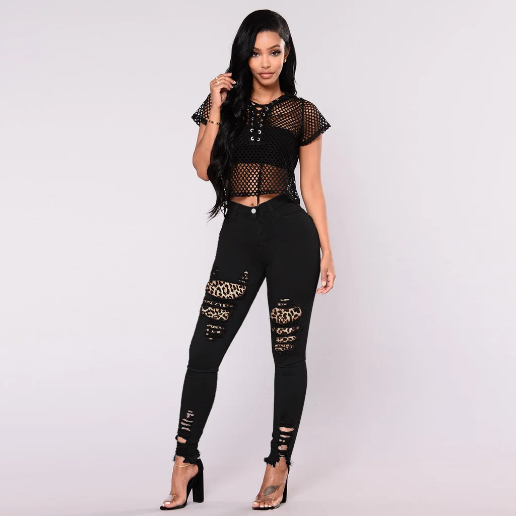 Leopard-Print Stitching Denim Slim-Fit Trousers - Black