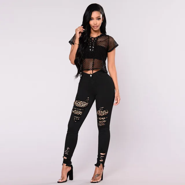 Leopard Print Stitching Denim Slim Fit Trousers Black - Shop at LoveMi