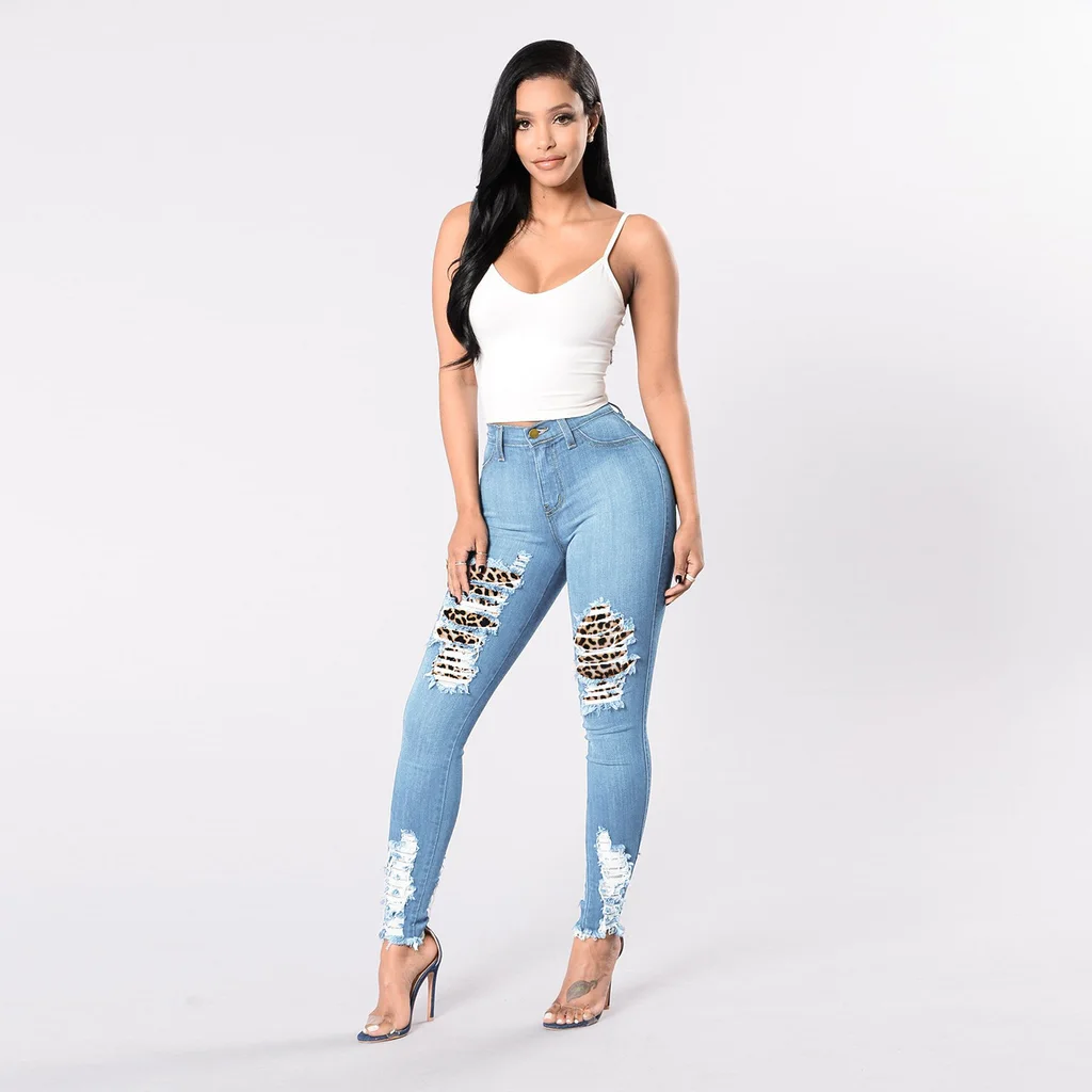 Leopard-Print Stitching Denim Slim-Fit Trousers - Light Blue