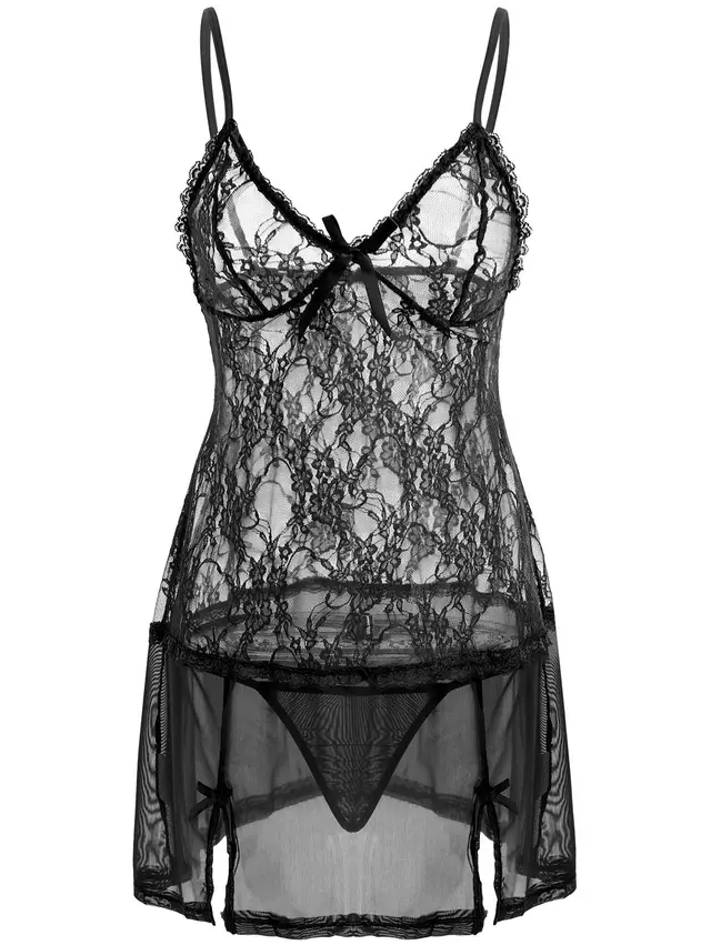 Sexy Pajamas Set Lace Suspenders Perspective Temptation Nightdress Black - Shop at LoveMi