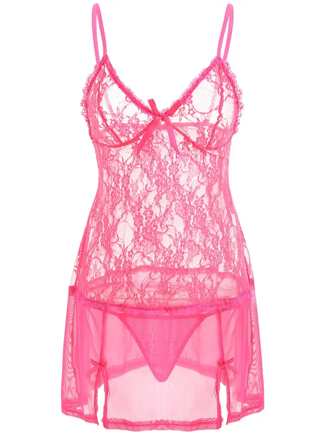 Sexy Pajamas Set Lace Suspenders Perspective Temptation Nightdress Pink - Shop at LoveMi