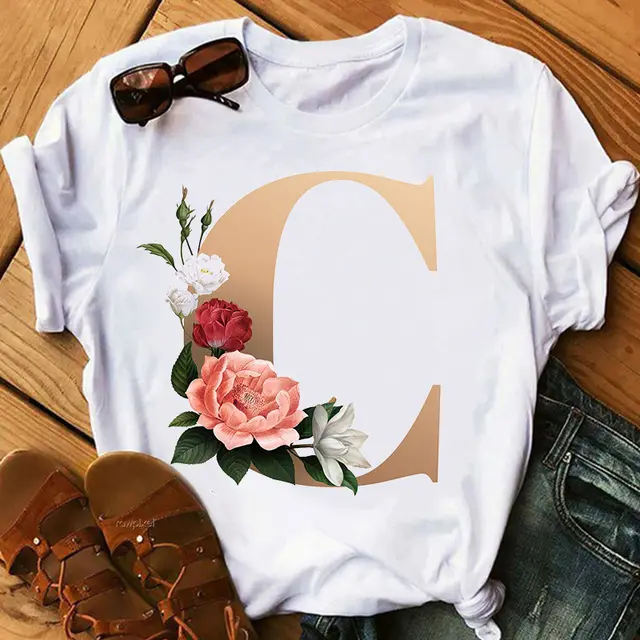 Women's Gold 26 Letters Printed Short Sleeved T Shirt Top C - Shop at LoveMi