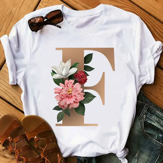 Women's Gold 26 Letters Printed Short Sleeved T Shirt Top - Shop at LoveMi