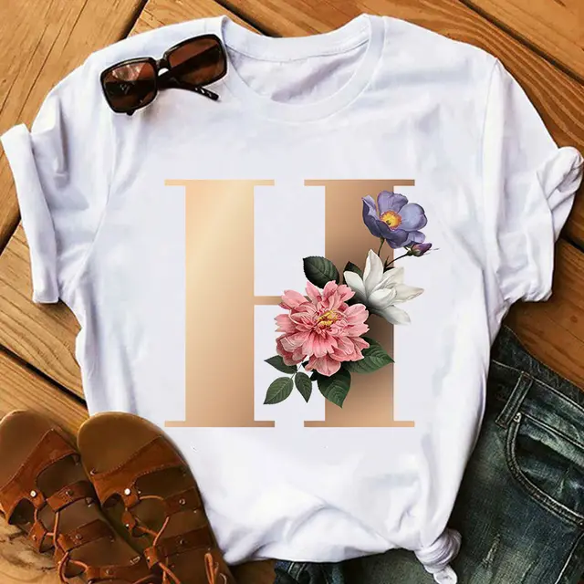 Women's Gold 26 Letters Printed Short Sleeved T Shirt Top H - Shop at LoveMi
