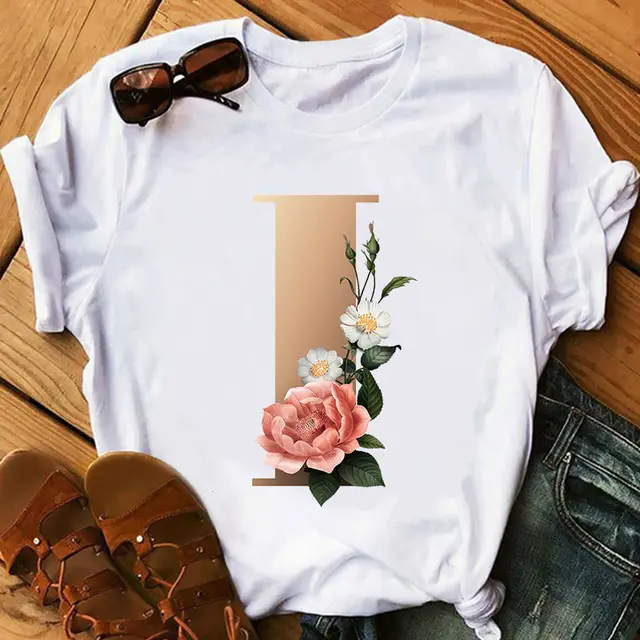 Women's Gold 26 Letters Printed Short Sleeved T Shirt Top I - Shop at LoveMi