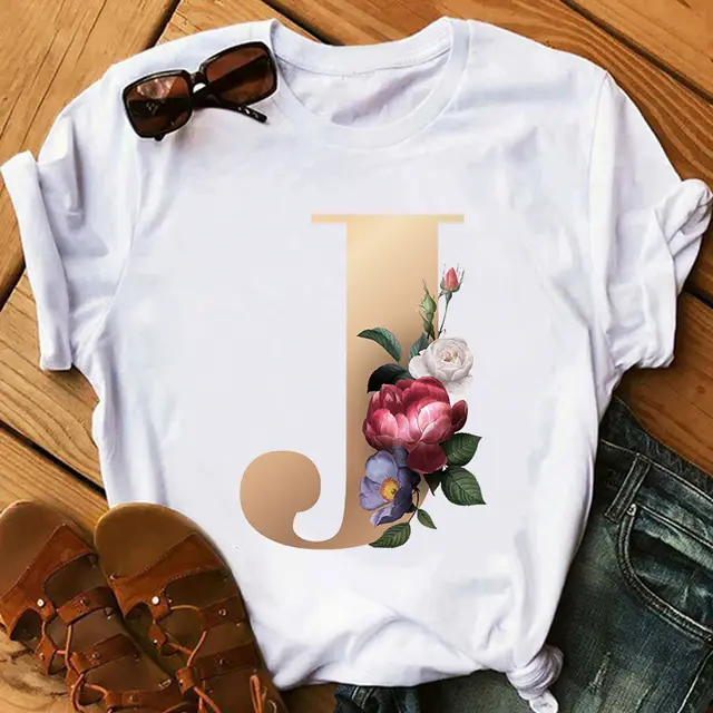 Women's Gold 26 Letters Printed Short Sleeved T Shirt Top J - Shop at LoveMi