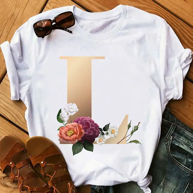 Women's Gold 26 Letters Printed Short Sleeved T Shirt Top L - Shop at LoveMi