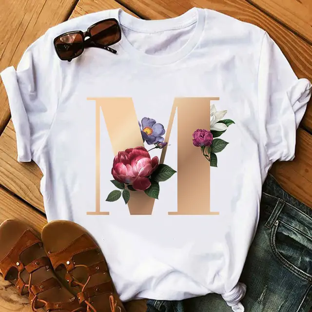 Women's Gold 26 Letters Printed Short Sleeved T Shirt Top M - Shop at LoveMi