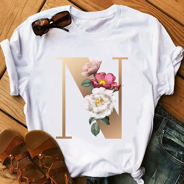 Women's Gold 26 Letters Printed Short Sleeved T Shirt Top N - Shop at LoveMi