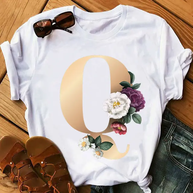 Women's Gold 26 Letters Printed Short Sleeved T Shirt Top Q - Shop at LoveMi