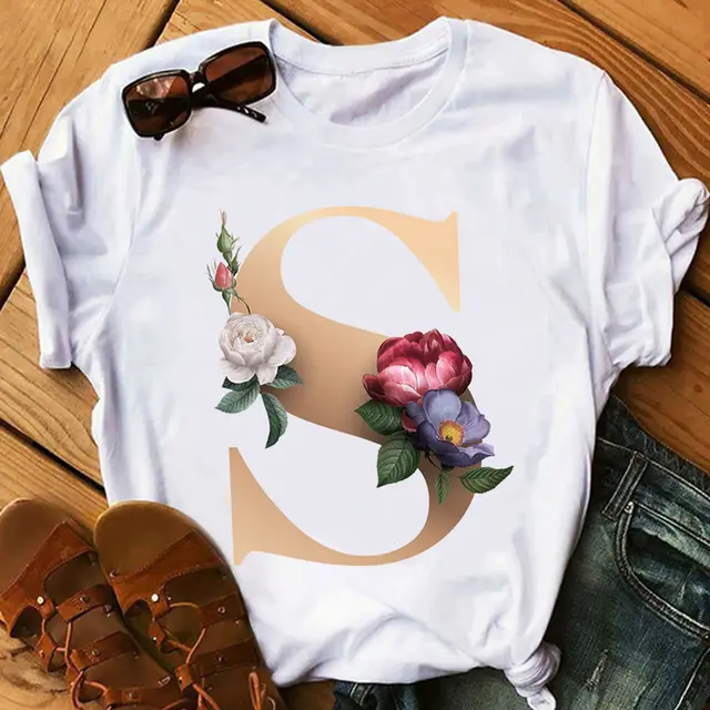 Women's Gold 26 Letters Printed Short Sleeved T Shirt Top S - Shop at LoveMi