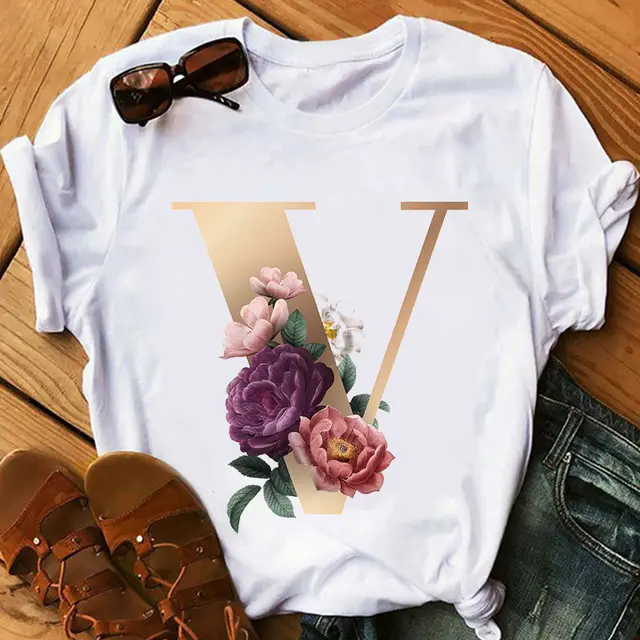 Women's Gold 26 Letters Printed Short Sleeved T Shirt Top V - Shop at LoveMi