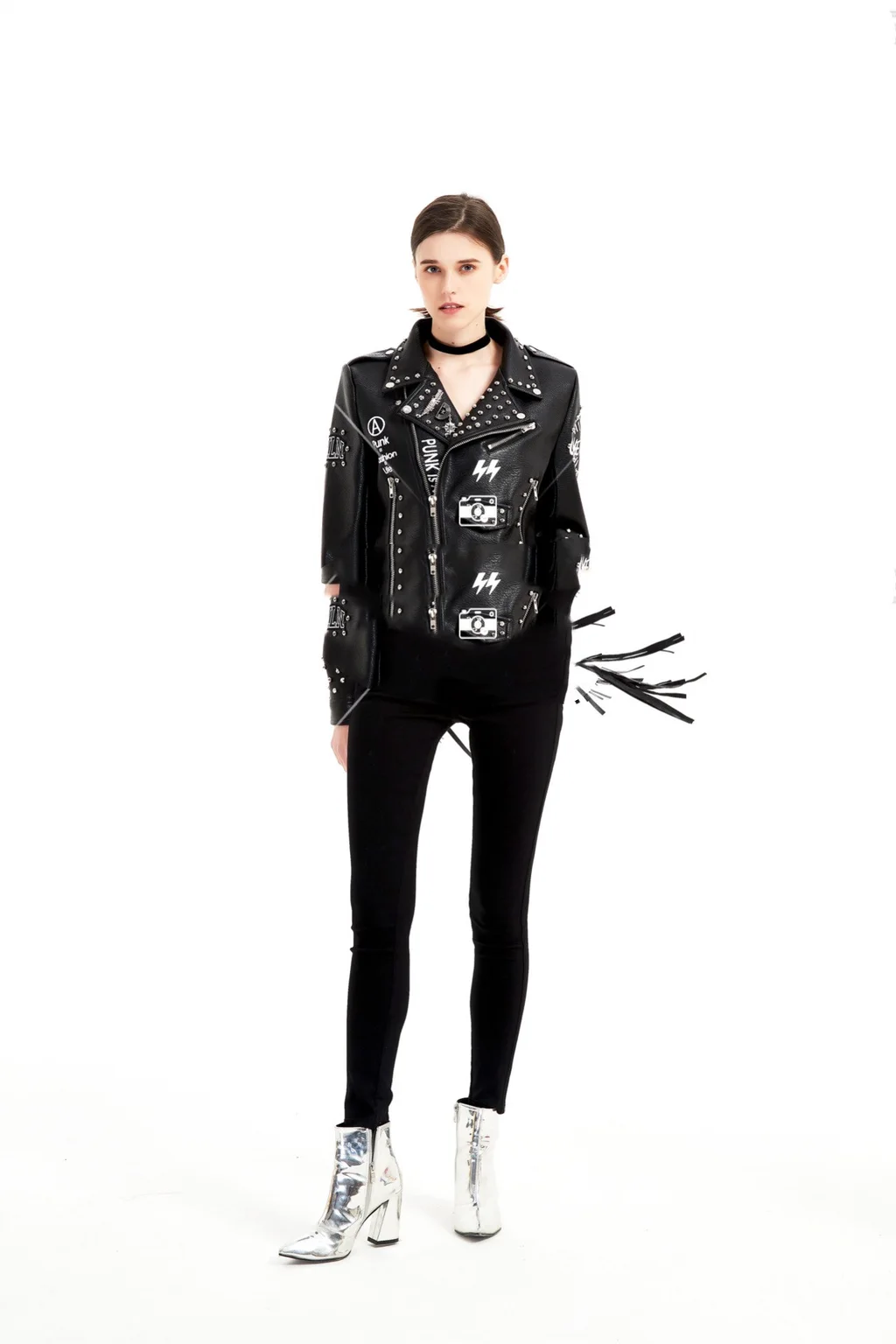 Graffiti Printed Rivet Slim Short Leather Jacket Women - Black