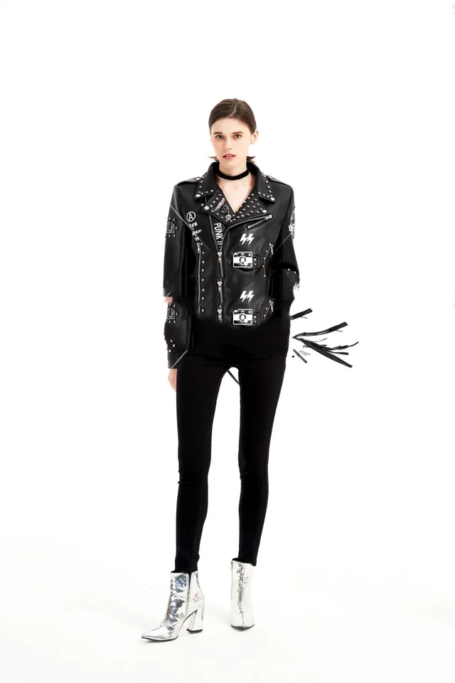 Graffiti Printed Rivet Slim Short Leather Jacket Women Black - Shop at LoveMi