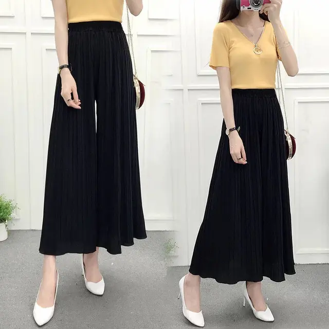Summer Pleated Wide Leg Pants Thin Women's Eight Quarter Hakama Black - Shop at LoveMi