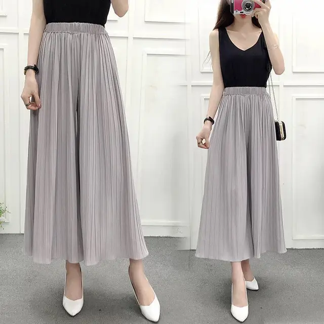 Summer Pleated Wide Leg Pants Thin Women's Eight Quarter Hakama Grey - Shop at LoveMi