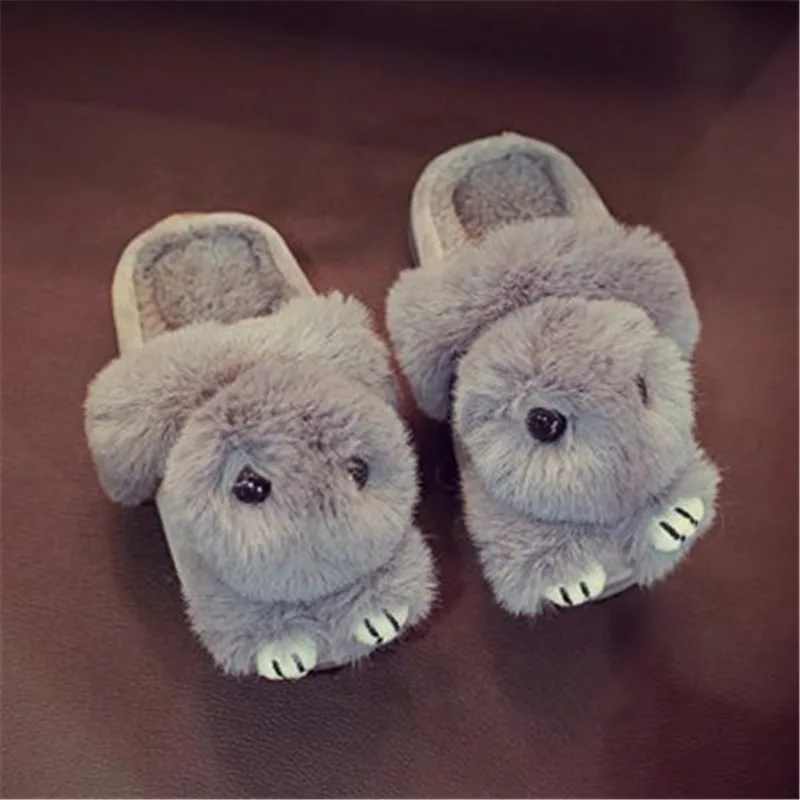 Kids Winter Slippers Cute Rex Rabbit Fur Girls Home Shoes Grey - Shop at LoveMi