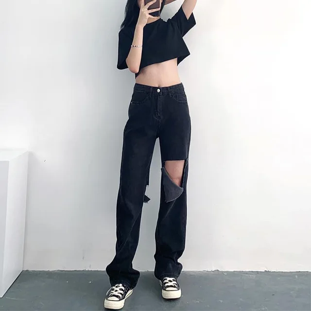 High Waist Ripped Loose Straight Leg Jeans Women Mopping Pants Black - Shop at LoveMi