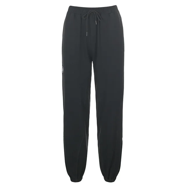 Letter Embroidered Elastic Strap Sweater Pants Women's Sports Casual Pants Black - Shop at LoveMi