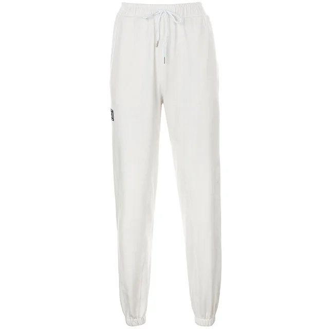 Letter Embroidered Elastic Strap Sweater Pants Women's Sports Casual Pants White - Shop at LoveMi
