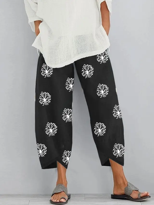 Loose Dandelion Print Elastic Waist Pocket Pants Black - Shop at LoveMi