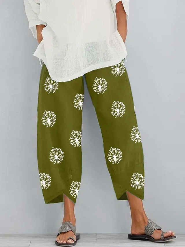 Loose Dandelion Print Elastic Waist Pocket Pants Green - Shop at LoveMi