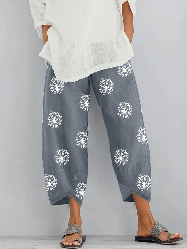 Loose Dandelion Print Elastic Waist Pocket Pants Grey - Shop at LoveMi
