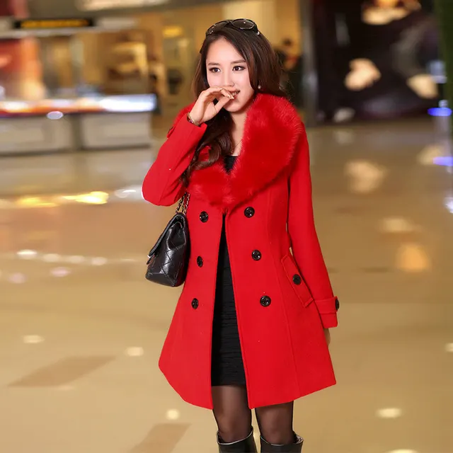 Double breasted Plus Size Woolen Women's Coat Red - Shop at LoveMi