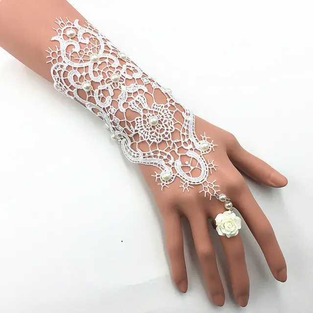 Retro Street Punk Fashion Lace Bracelet with Rose Flower Ring One Chain White - Shop at LoveMi