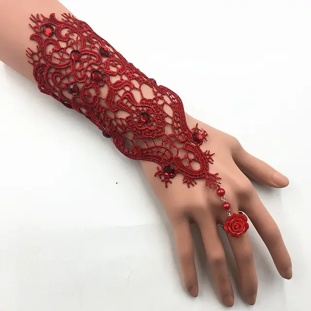 Retro Street Punk Fashion Lace Bracelet with Rose Flower Ring One Chain Wine Red - Shop at LoveMi