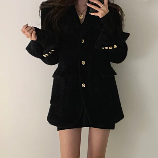 Retro Suit Collar Chic Three Button Straight Jacket Black - Shop at LoveMi