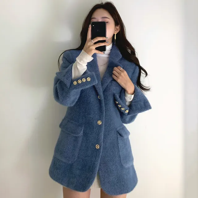 Retro Suit Collar Chic Three Button Straight Jacket Blue - Shop at LoveMi