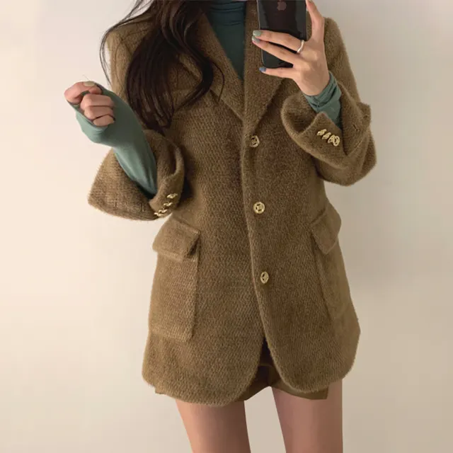 Retro Suit Collar Chic Three Button Straight Jacket Khaki - Shop at LoveMi