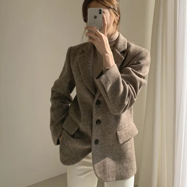 Ladies Fashion Temperament Retro Herringbone Blazer Khaki - Shop at LoveMi