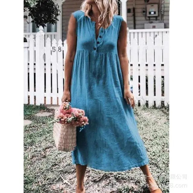 Pure Color Sleeveless Cotton And Linen Slim Dress With Big Swing Skirt Blue - Shop at LoveMi