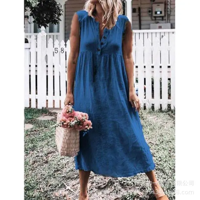 Pure Color Sleeveless Cotton And Linen Slim Dress With Big Swing Skirt Navy Blue - Shop at LoveMi