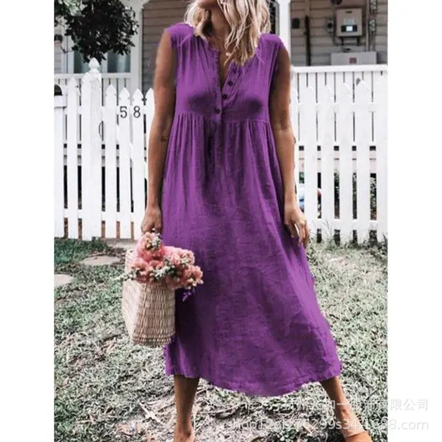 Pure Color Sleeveless Cotton And Linen Slim Dress With Big Swing Skirt Purple - Shop at LoveMi