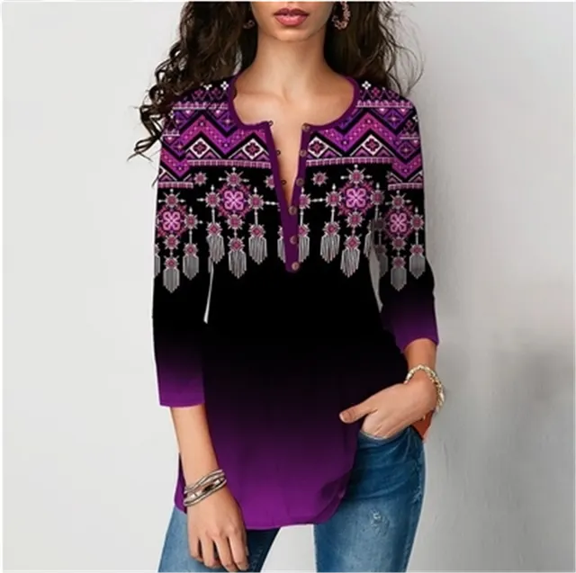 Printed Blouses With Seven point Sleeves Purple - Shop at LoveMi