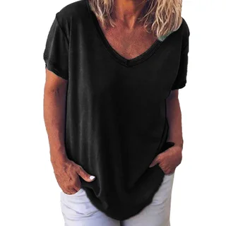Solid Color V-Neck Women's Short-Sleeved T-Shirt - Black